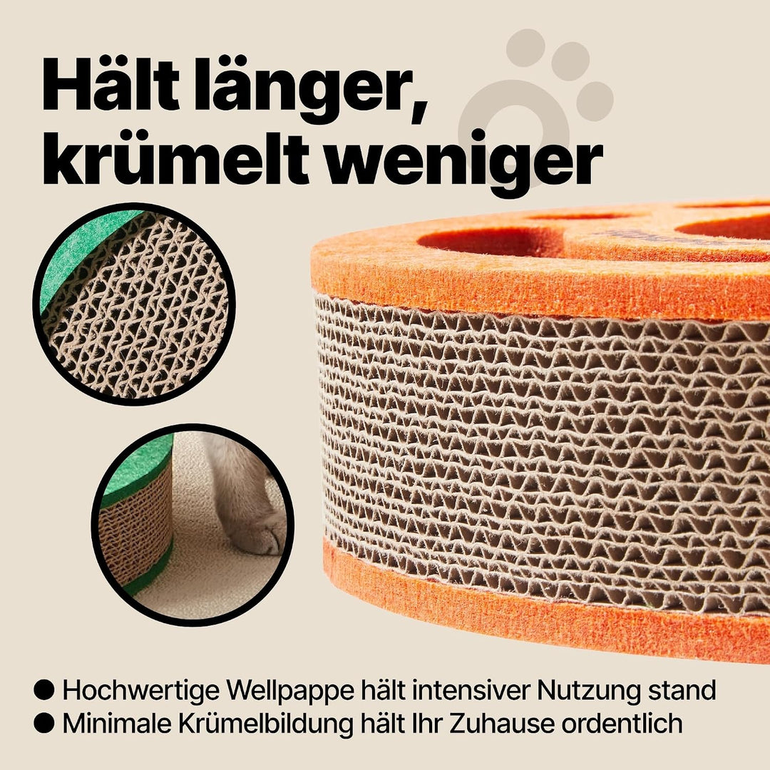 Kratzbrett mit Ballbahn und Glockenbällen – Interaktives Katzenspielzeug, Kratzpappe für Katzen mit