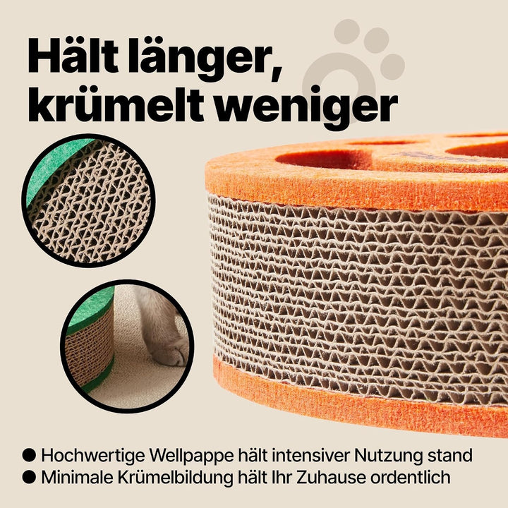 Kratzbrett mit Ballbahn und Glockenbällen – Interaktives Katzenspielzeug, Kratzpappe für Katzen mit