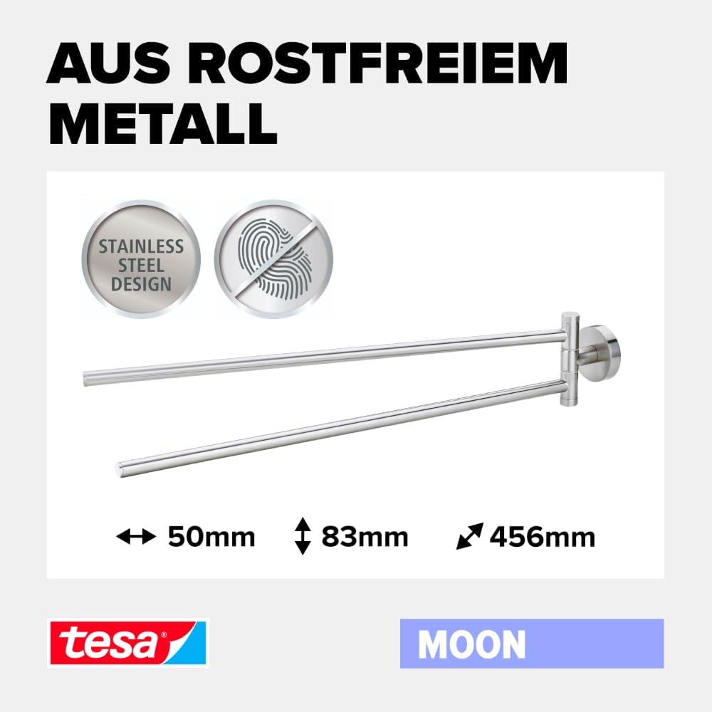 tesa Moon Bad Handtuchhalter, 2-armig und schwenkbar, verchromt - zur Wandbefestigung ohne Bohren, i