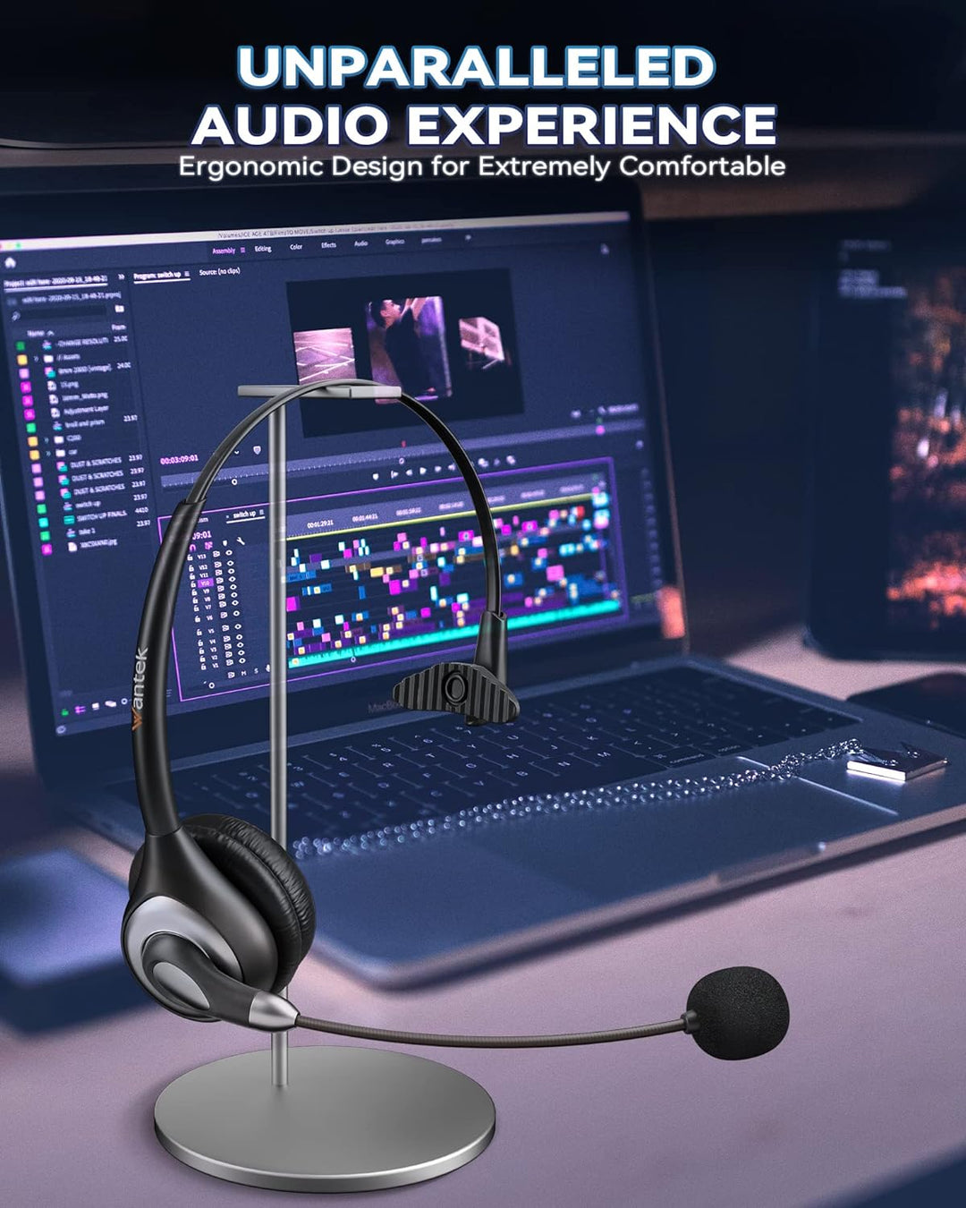 Wantek Kabelgebundene USB-Headsets Mono mit Geräuschunterdrückungs-Mikrofon und Inline-Steuerung, UC