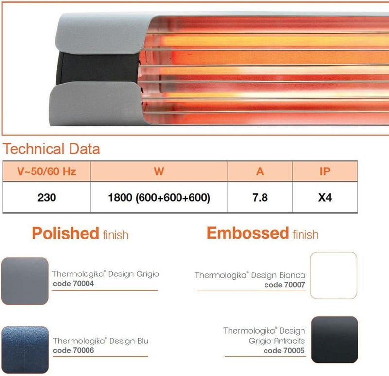 Vortice Wand-Heizung, Infrarot, 600/1200/ 1800 W, Thermologika Design Gricio, 1 Stück, grau, 70004,