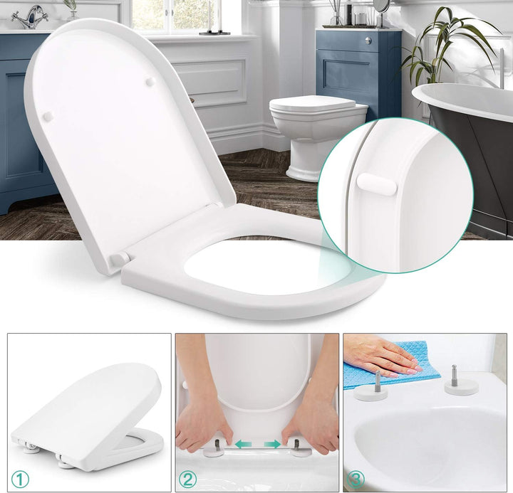 Himimi WC Sitz mit Absenkautomatik, Toilettendeckel D-Form mit Einstellbares Edelstahlscharnier, Klo