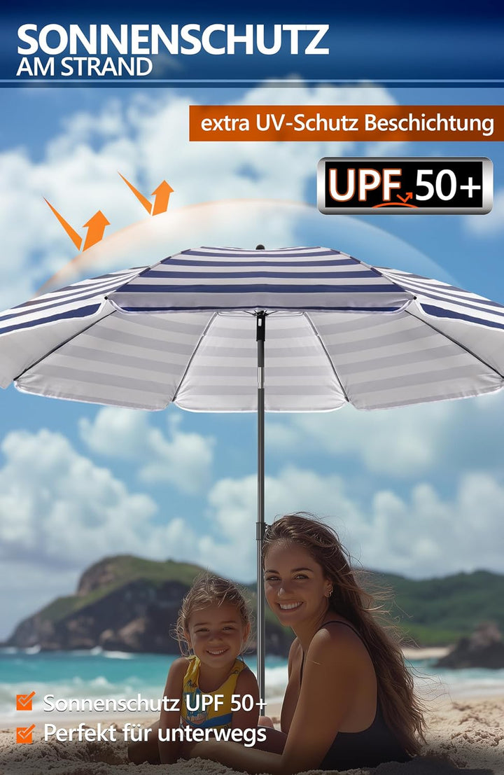 4smile Sonnenschirm Strand 3-IN-1 SET mit Bodenhülse, Ø 180 cm, Blau-Weiss | Strandschirm windfest s