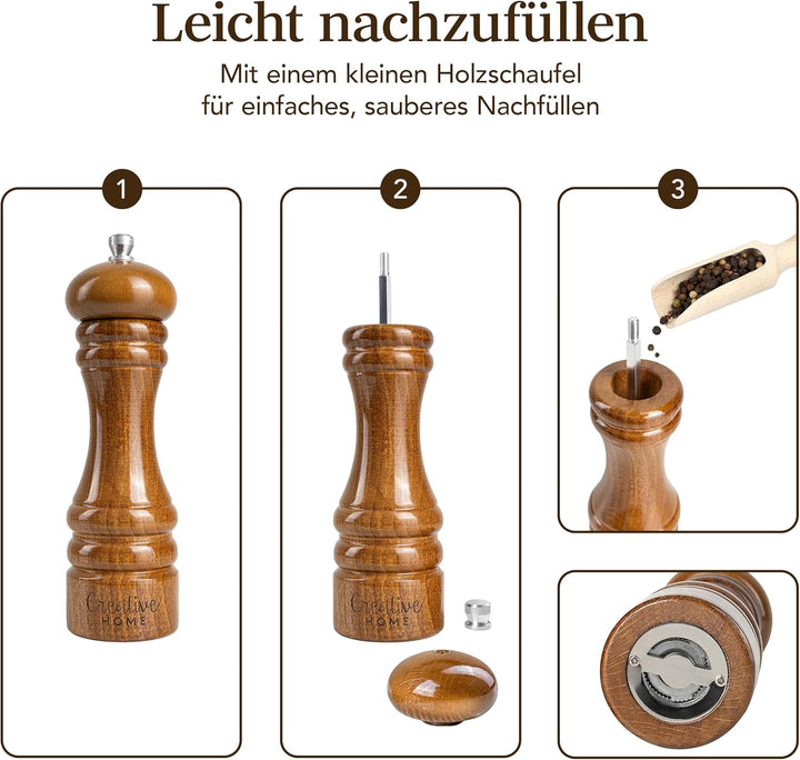Creative Home Grosse Salz und Pfeffermühle Holz | Set von 2 Mühlen mit Mini-Holzschaufel | 18cm Höhe