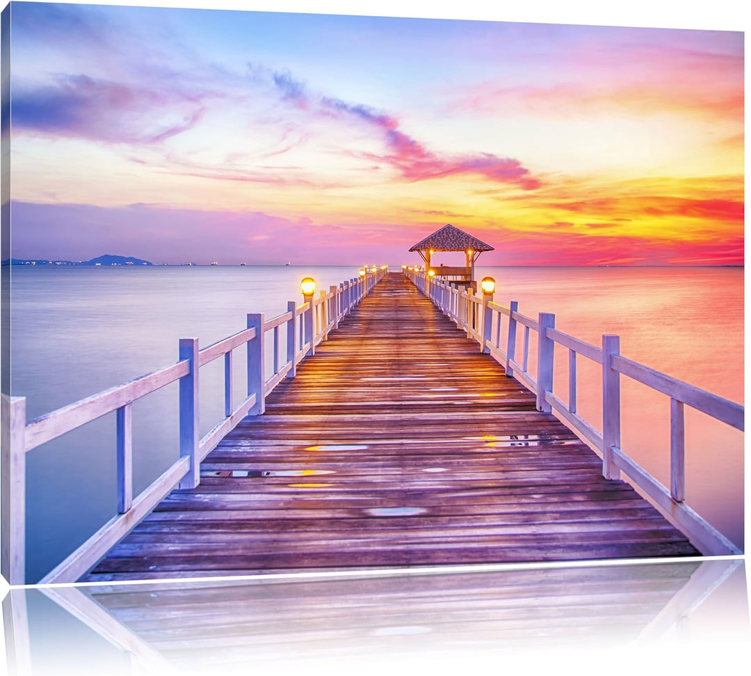 Pixxprint Steg ins Meer bei Sonnenuntergang als Leinwandbild/Grösse: 100x70 cm/Wandbild/Kunstdruck/f