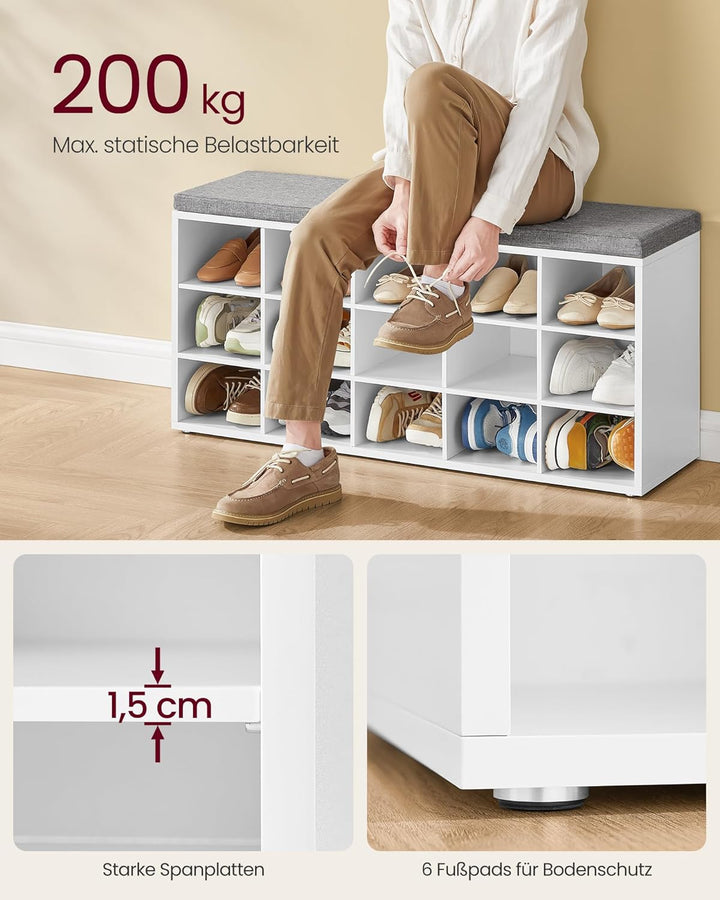 VASAGLE Schuhbank, Schuhregal mit Sitzfläche, Sitzbank mit Stauraum, Kissen, 15 Fächer, für Wohnzimm
