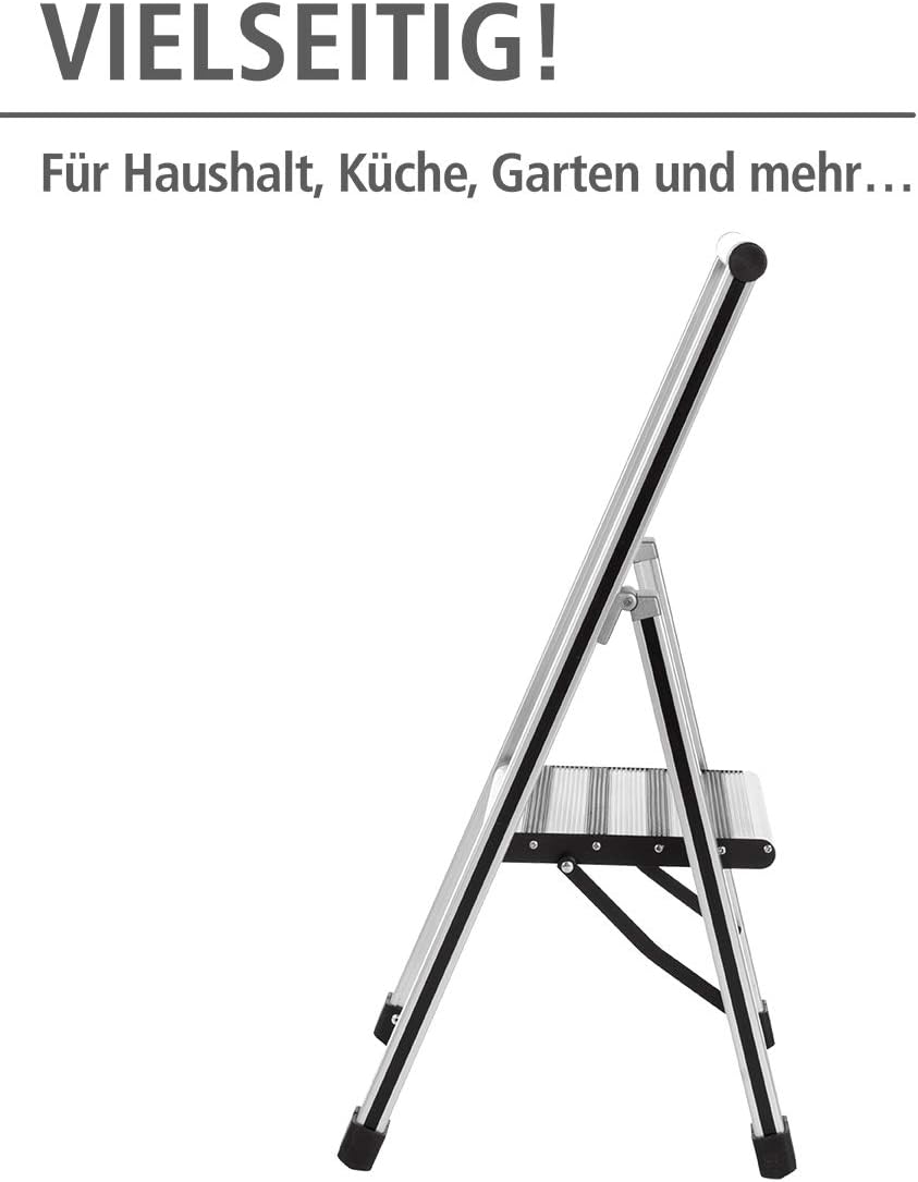 WENKO Leichte Aluminium Trittleiter mit 1 Stufe für 25 cm höheren Stand, rutschsichere XXL-Stufen, D