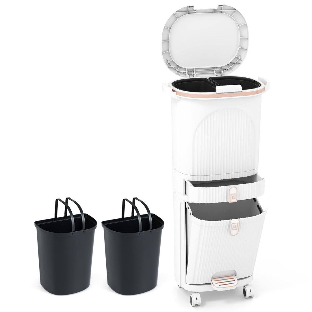 COSTWAY Mülleimer Küche, Mülltrennsystem 3 Fächer, 2 x 12L Inneneimer & 14L Treteimer, Abfalleimer m