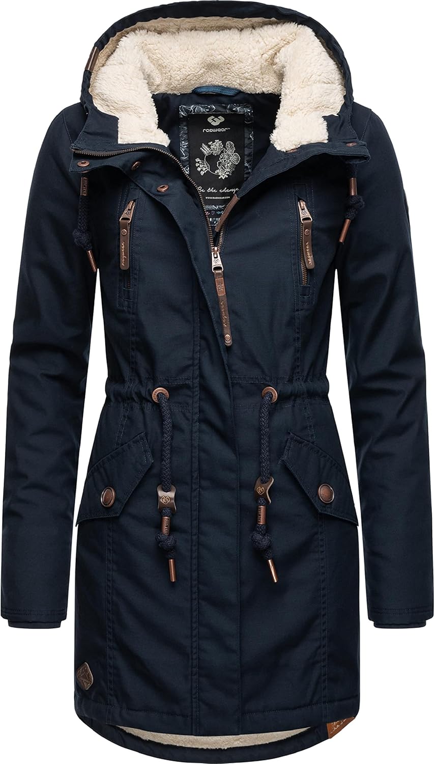 Ragwear Damen Mantel lange warme Winterjacke mit Teddyfell-Kapuze Elsie Intl XS-6XL L Navy22, L Navy