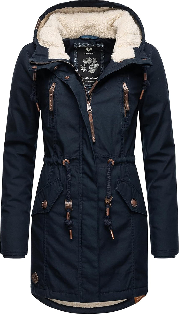 Ragwear Damen Mantel lange warme Winterjacke mit Teddyfell-Kapuze Elsie Intl XS-6XL L Navy22, L Navy