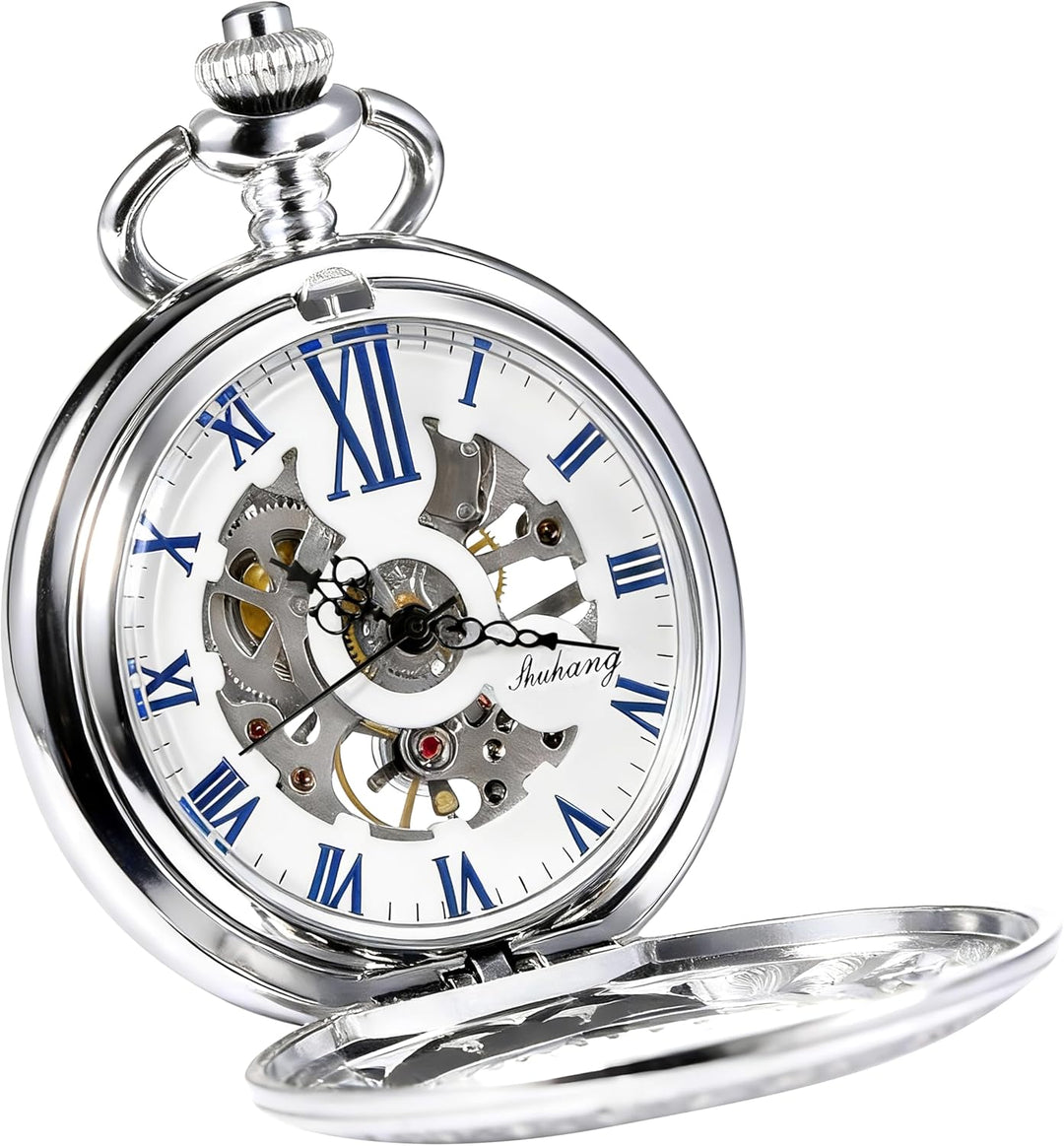 TREEWETO Unisex Taschenuhr mit Kette Analog Handaufzug Skelett Lupe Halber Jäger Silber