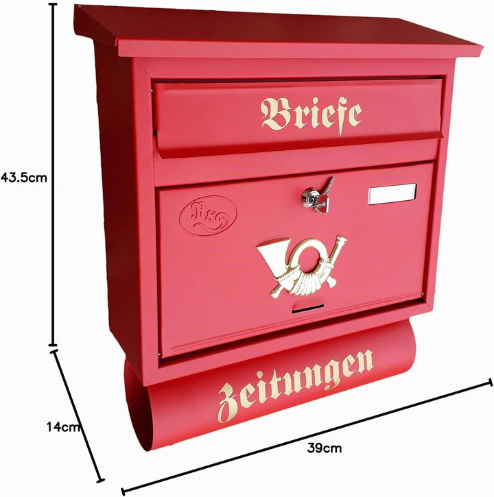 Grosser Briefkasten/Postkasten XXL Rot matt mit Abnehmbarer Zeitungsrolle Flachdach Katalogeinwurf Z
