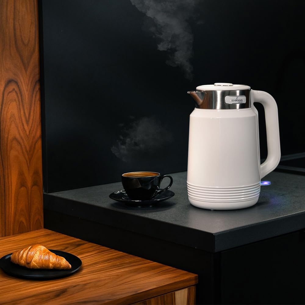LEHMANN Elektrischer Wasserkocher Edelstahl 2L, 2200W, Schnelles Aufheizen, Doppelwand Design, 360°