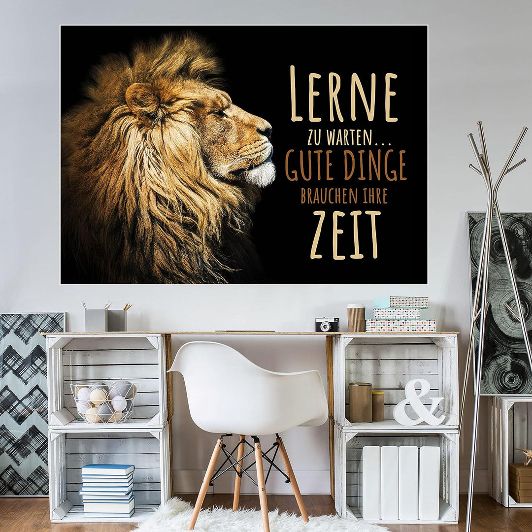 wandmotiv24 Poster als Wanddeko, Grösse Din A0, lerne zu warten, Zeit, Löwe, Moderne Wanddeko, Wandb