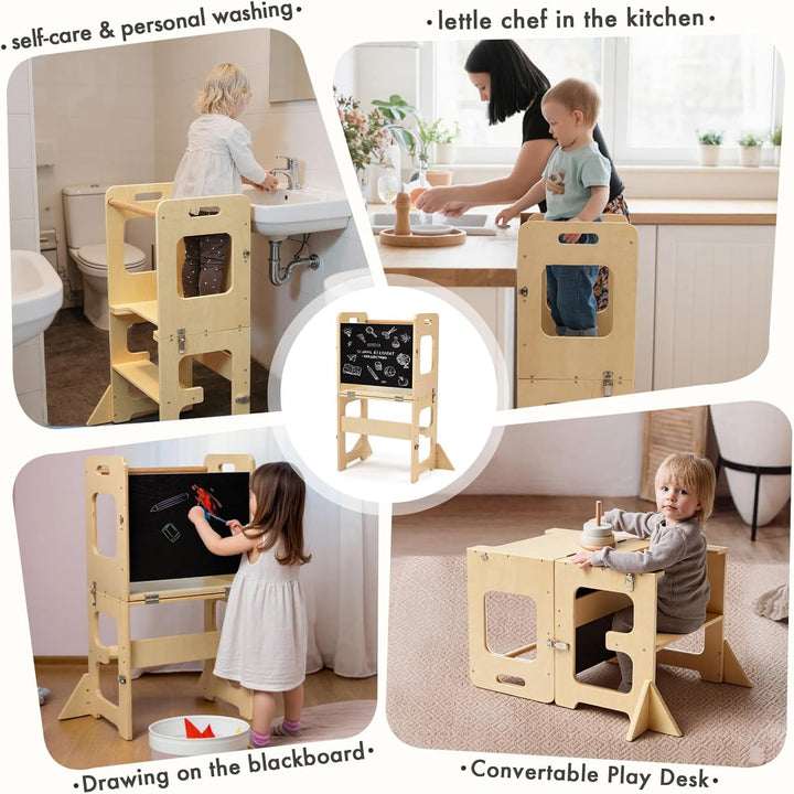Labebe Lernturm für Kinder, Faltbarer Montessori Learning Tower, 3 in 1 Tritthocker Lernstuhl Kinder