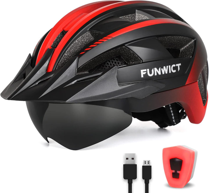 FUNWICT Fahrradhelm mit Visier für Herren Damen, Leichte Fahrradhelm mit Magnetischem Brille und USB
