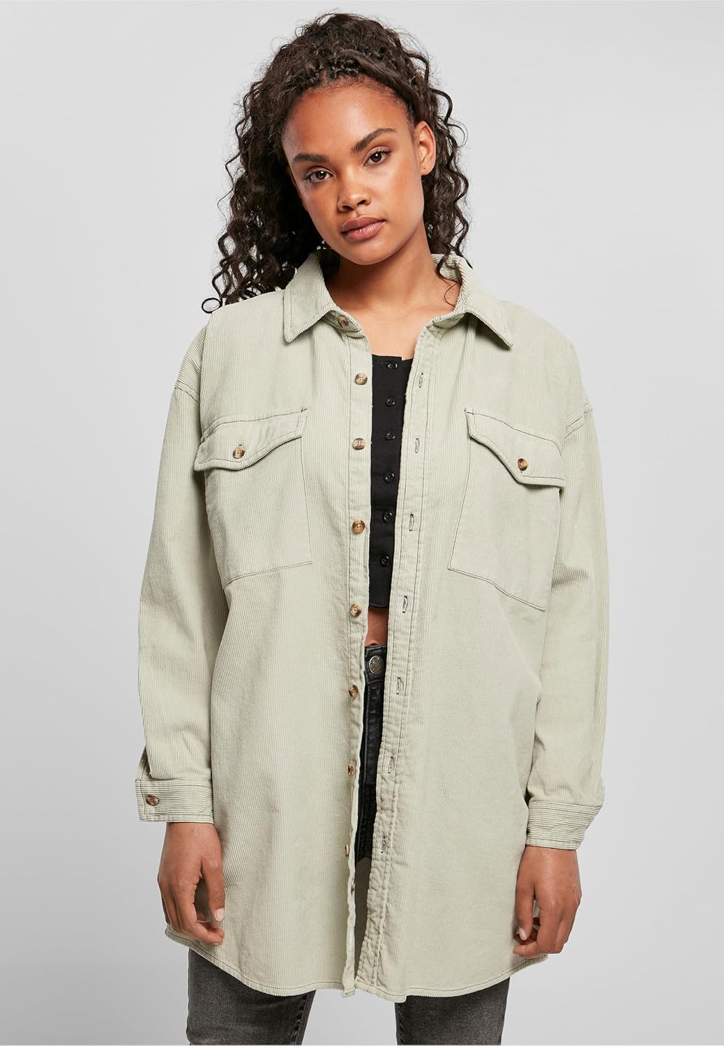 Urban Classics Damen Ladies Long Corduroy Overshirt 3XL Softsalvia, 3XL Softsalvia