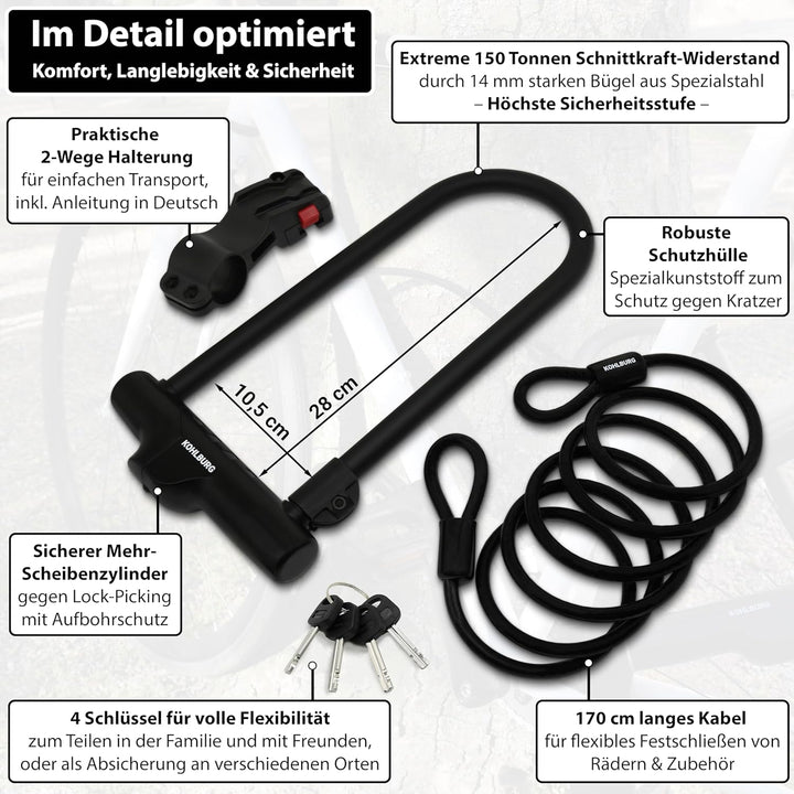 KOHLBURG Sicherheits- Bügelschloss mit höchster Sicherheitsstufe 10/10 - sicheres Fahrradschloss mit