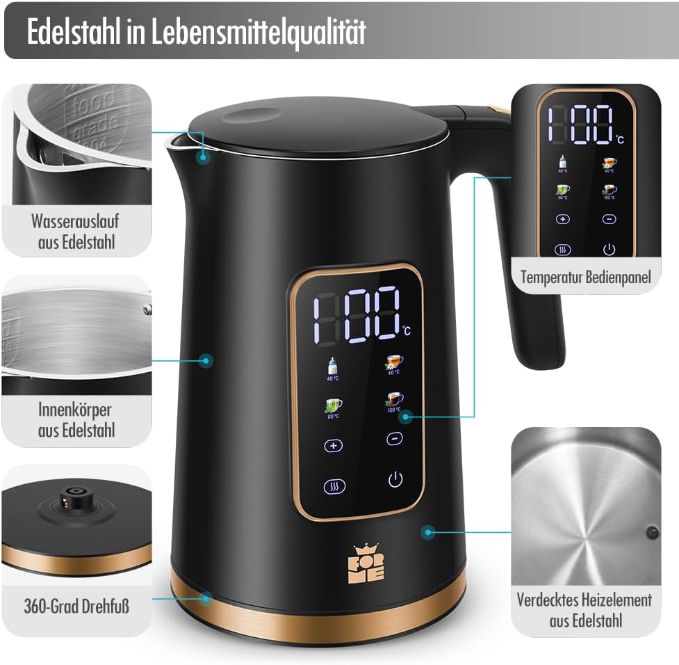 ForMe Edelstahl Wasserkocher 1,7 L mit Temperatureinstellung Temperaturwahl 40-100°C I LED Digitale