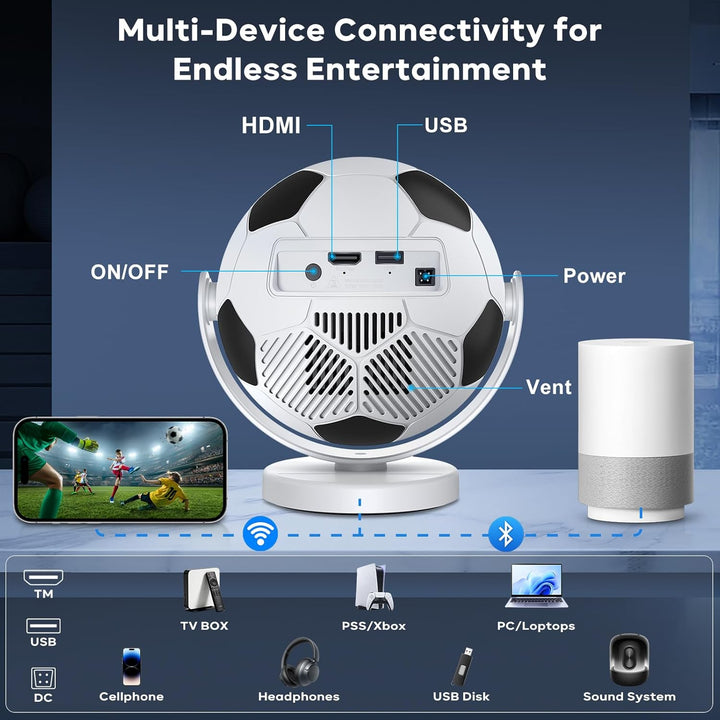 [Fussball-Beamer] Mini Beamer,Smart Projektor mit WiFi 6 und Bluetooth 5.4,Android 14,180°Dreh,Auto