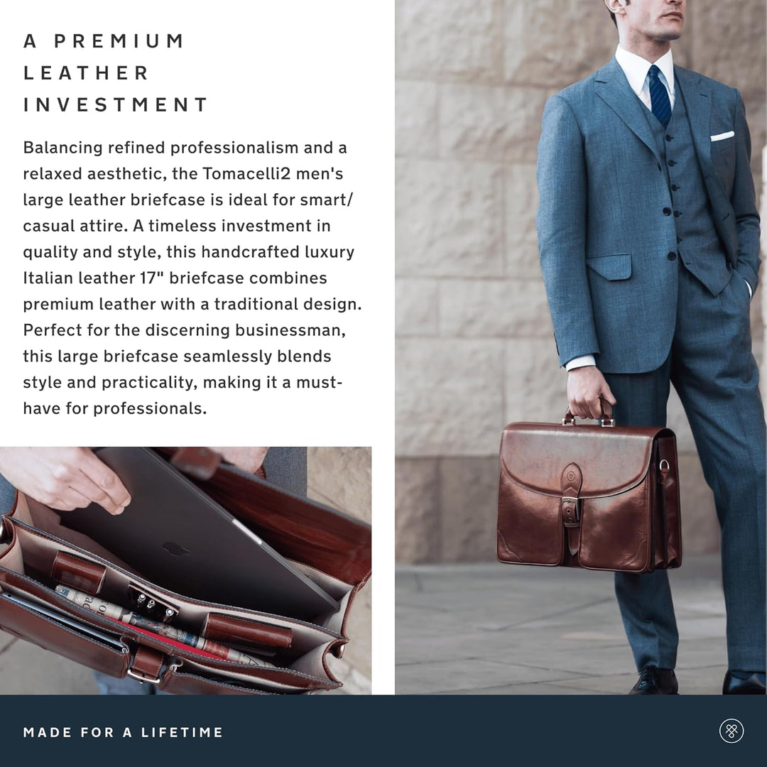 Maxwell Scott Italienische Herren Leder Aktentasche Tomacelli in Cognac Braun, Cognac Braun