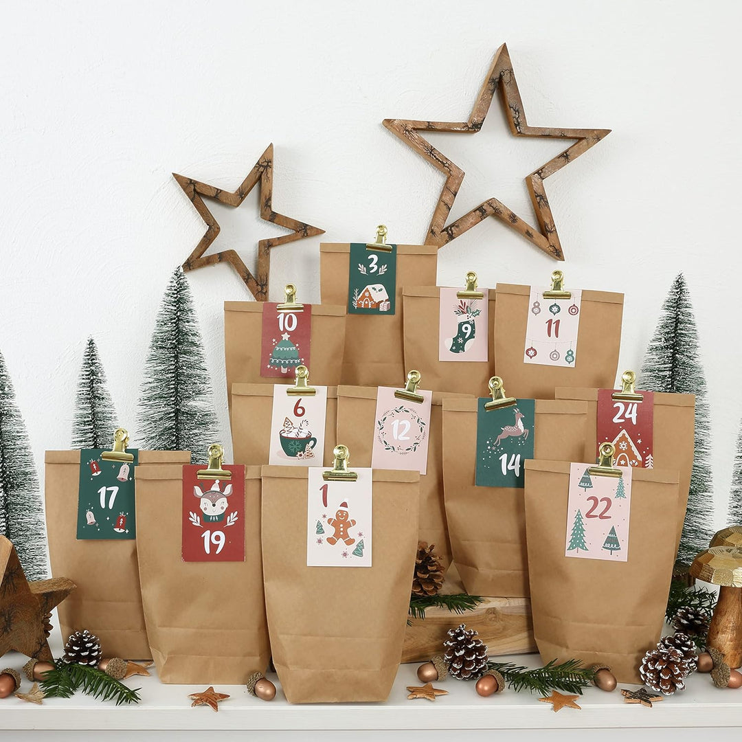 Papierdrachen DIY Adventskalender zum Befüllen - 24 Geschenktüten und 24 Visitenkarten mit Zahlen un