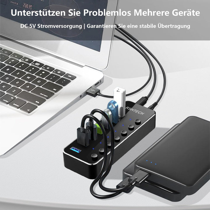 RSHTECH USB Hub Aktiv 3.0 mit Netzteil, Aluminium 7-Ports USB 3.0 Hub, USB 3.0 Port Verteiler für Da