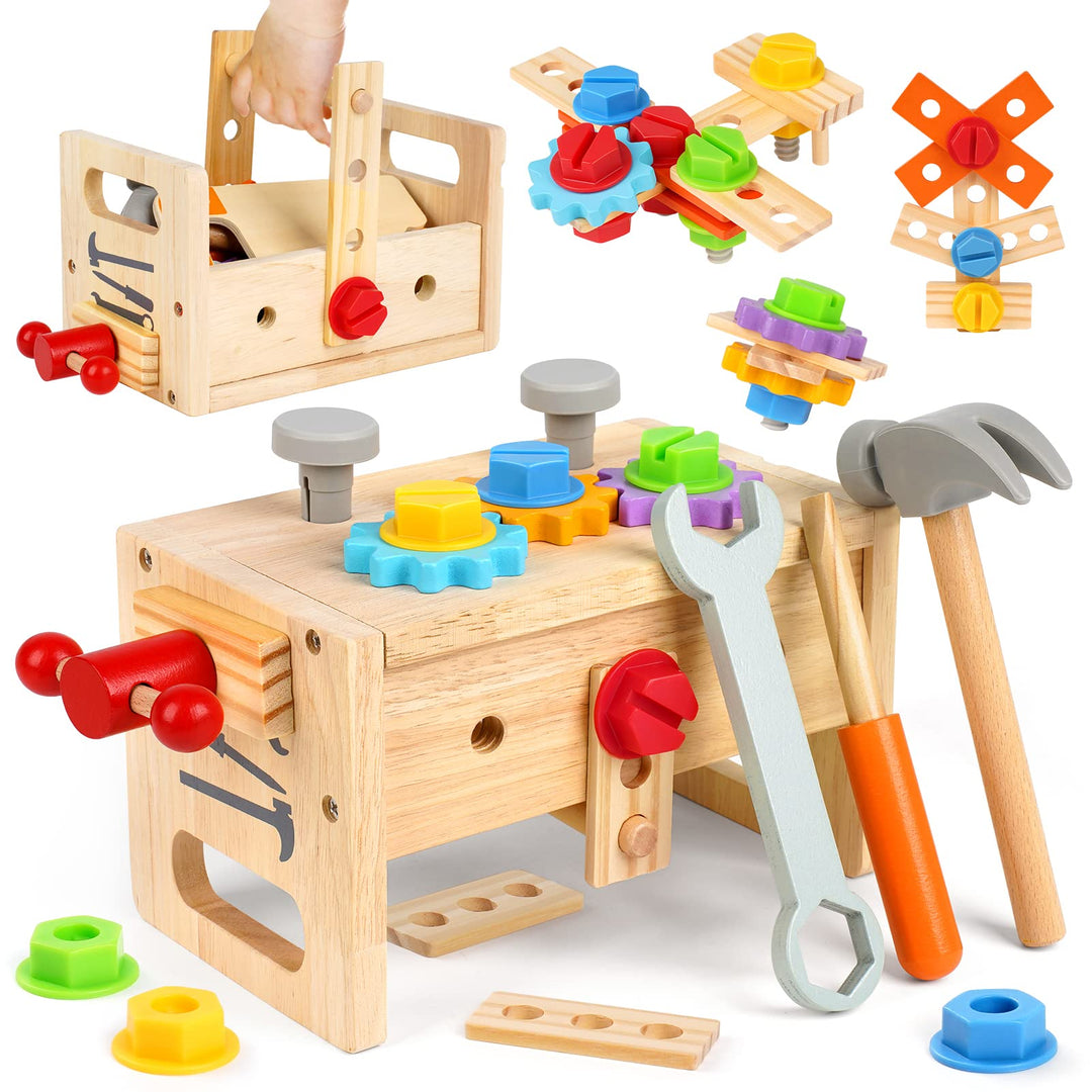 Vanplay Holzspielzeug Werkzeugkoffer Kinder Werkzeug Werkzeugkasten Kinder mit Farbige Holzwerkzeuge