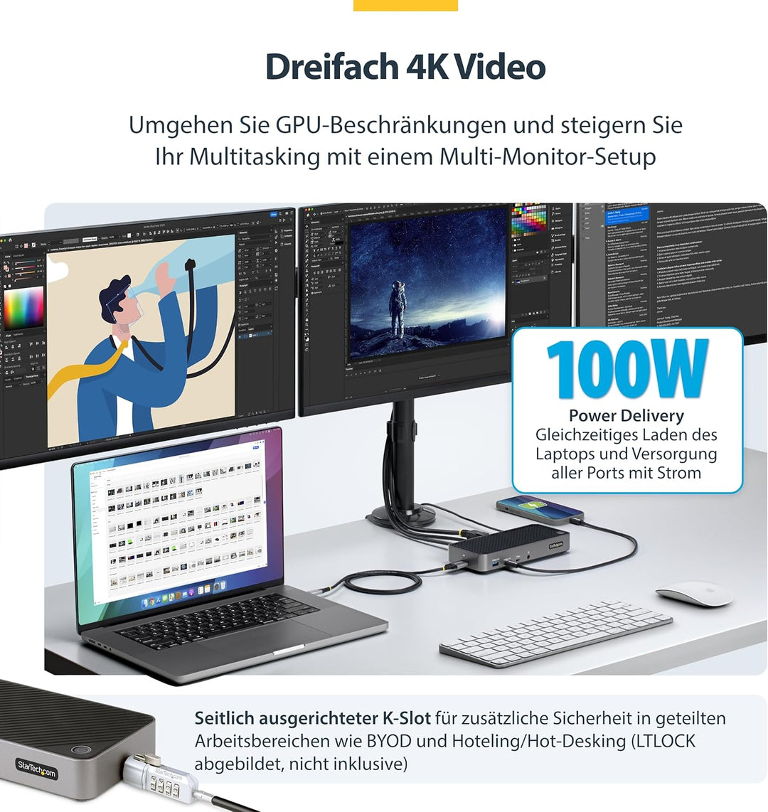 StarTech.com USB-C Dreifach Monitor Dockingstation - HDMI/DP Dreifach 4k USB C Dock - 5x USB Hub- Gb