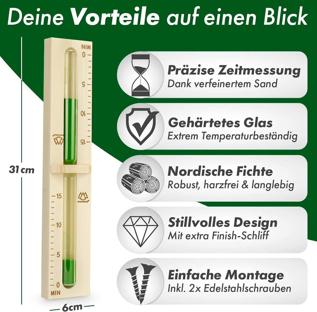 NORDHOLZ® Sauna Sanduhr 15 Minuten aus 100% nordischer Fichte - Glas robust &amp; hitzebeständig - Kontr