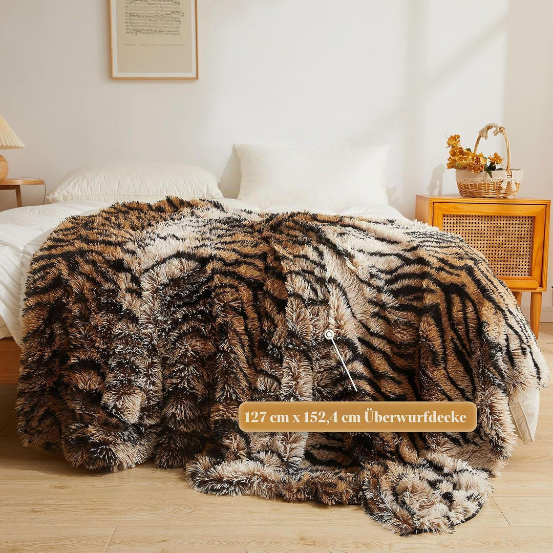 XeGe Luxus Kunstfell-Tigermuster-Decke, Weiche 127x152 cm Tigermuster Flauschige Decke, Schilfartige