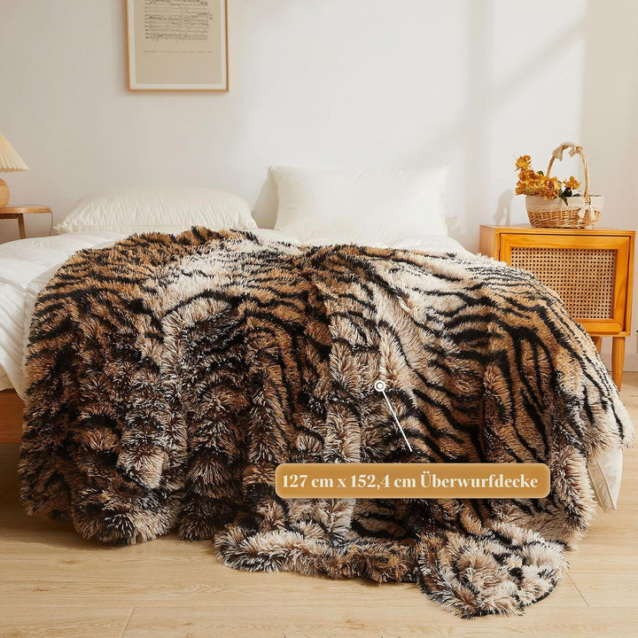 XeGe Luxus Kunstfell-Tigermuster-Decke, Weiche 127x152 cm Tigermuster Flauschige Decke, Schilfartige