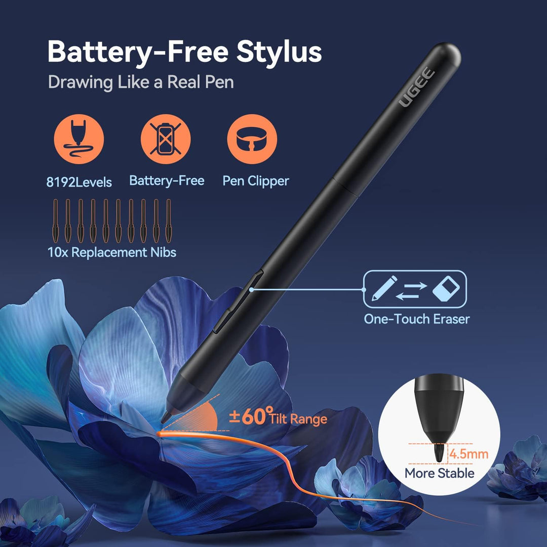 UGEE Grafiktablett S640 Digitales Zeichentablett mit batterieloser Stylus-Neigungsfunktion, 8192 Dru
