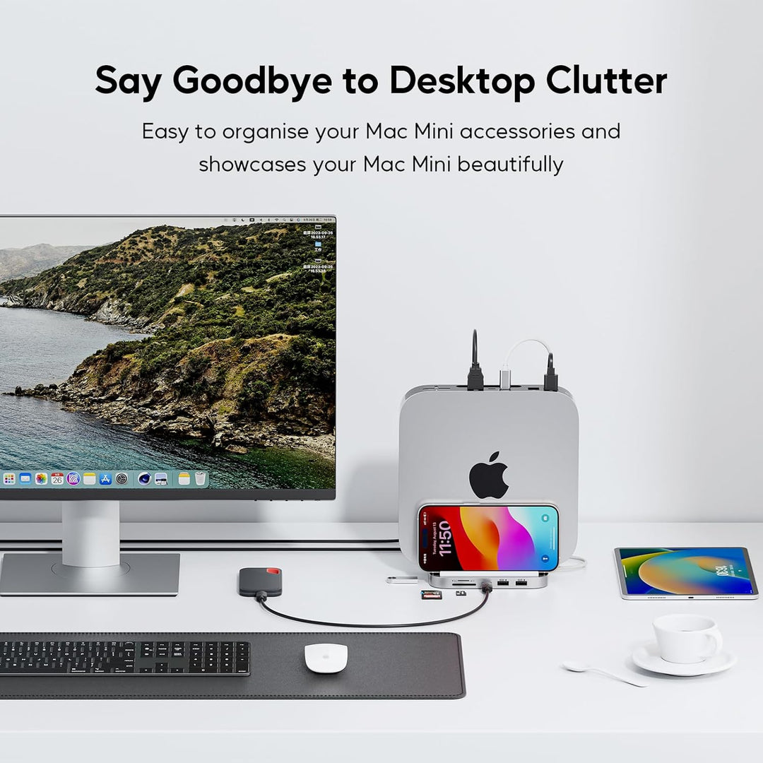 PULWTOP Mac mini Hub Ständer mit M.2 PCIe NVMe SSD-Gehäuse, 8-in-1 Vertikale Dock mit USB A/C 10 Gbi