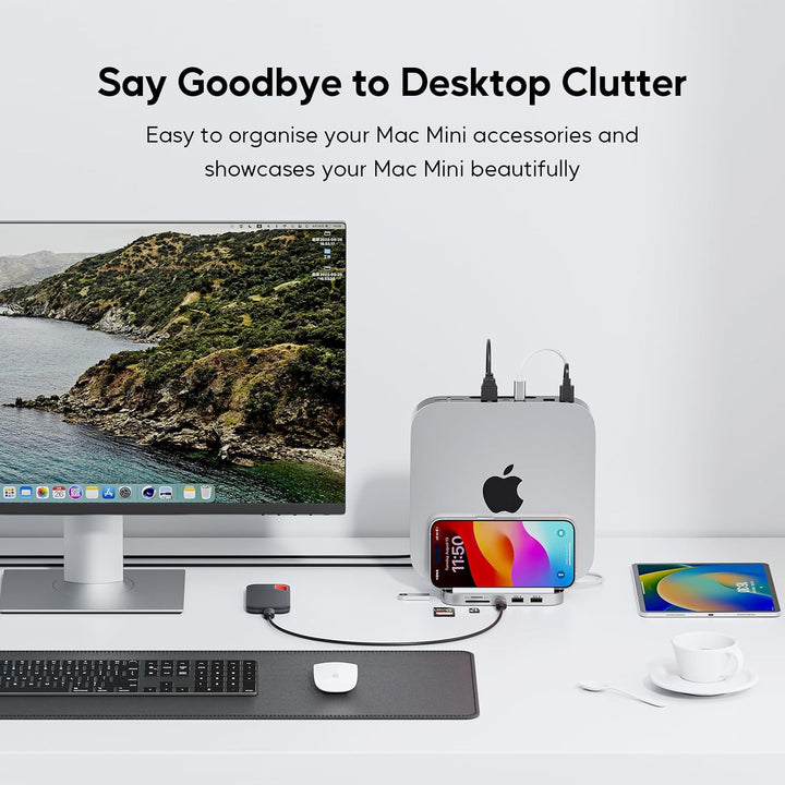 PULWTOP Mac mini Hub Ständer mit M.2 PCIe NVMe SSD-Gehäuse, 8-in-1 Vertikale Dock mit USB A/C 10 Gbi