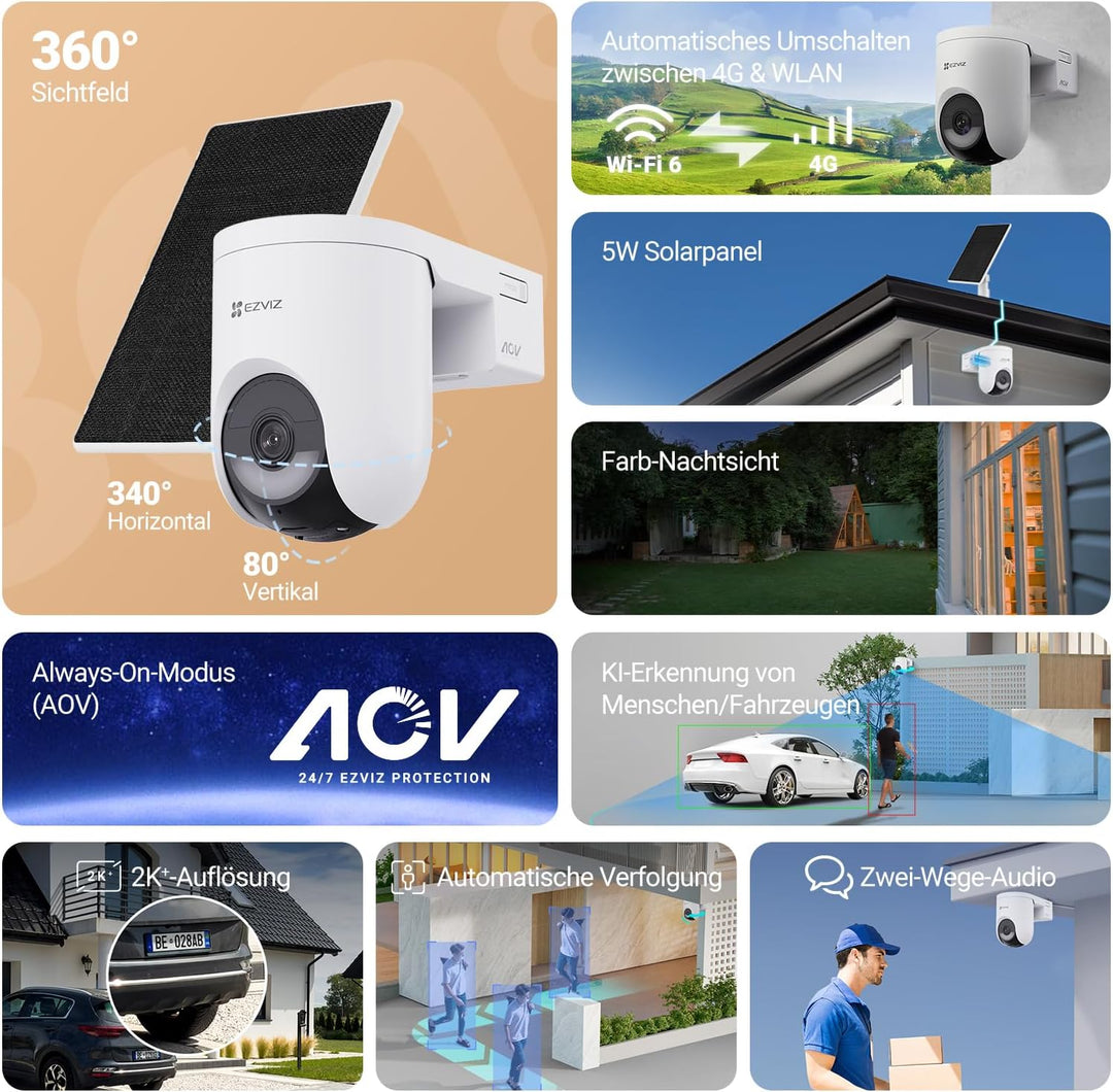 EZVIZ 4G LTE Überwachungskamera mit SIM Karte, 360° PTZ Überwachungkamera Aussen Akku, 4MP Farbnacht