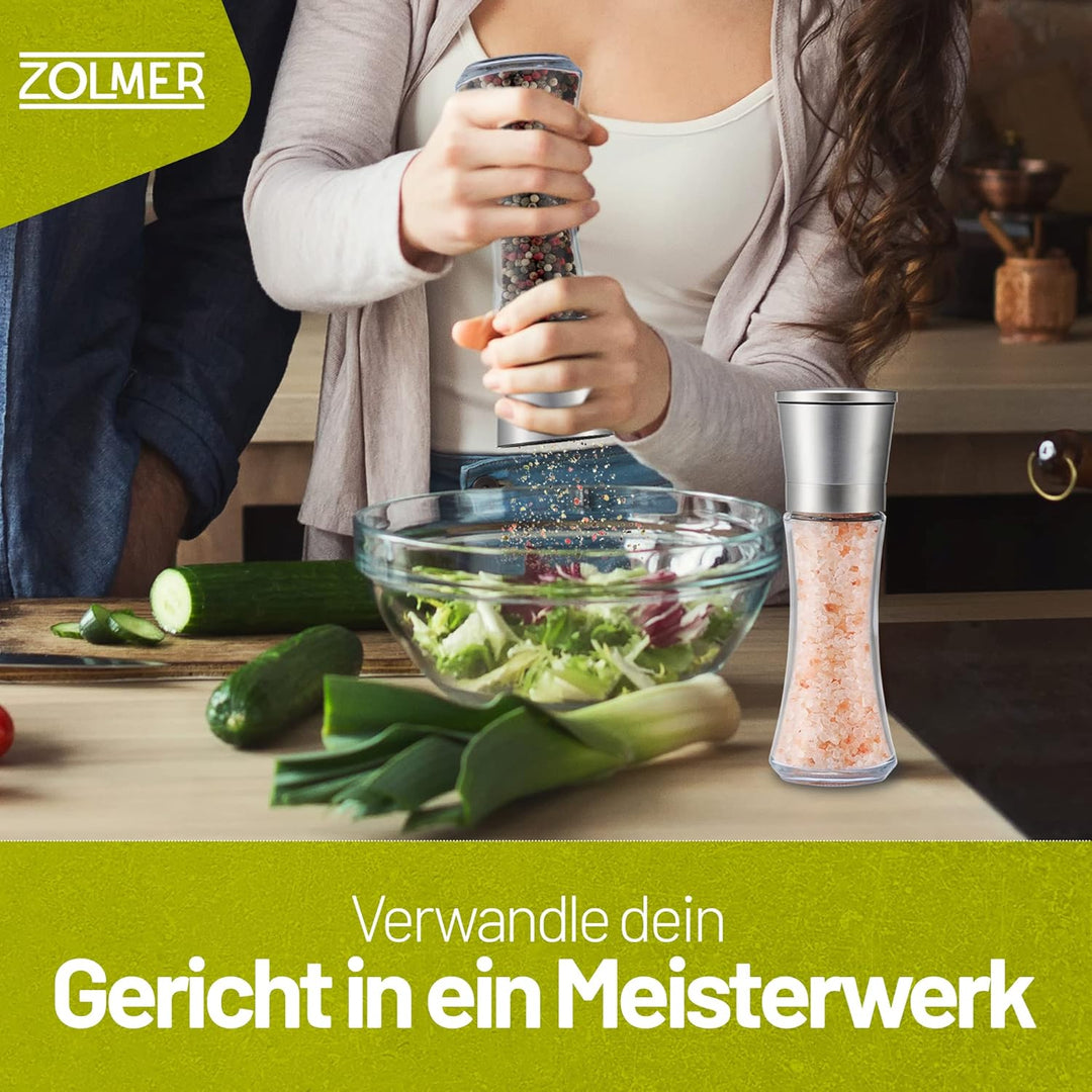 ZOLMER® Gewürzmühle 2er Set mit Verstellbarem Keramikmahlwerk - Edle Salzmühle & Pfeffermühle aus Ho