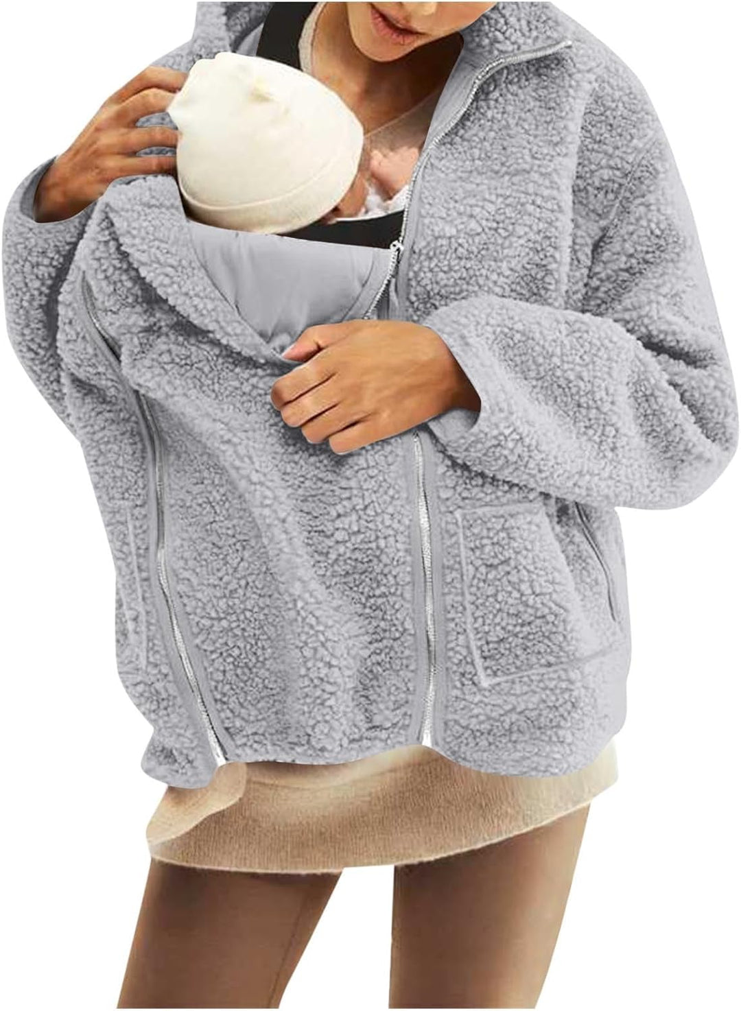 SYDUZAX Umstandsjacke mit Babyeinsatz Warm Teddy Fleecejacke Umstands Baumwolljacke Winter Umstandsm
