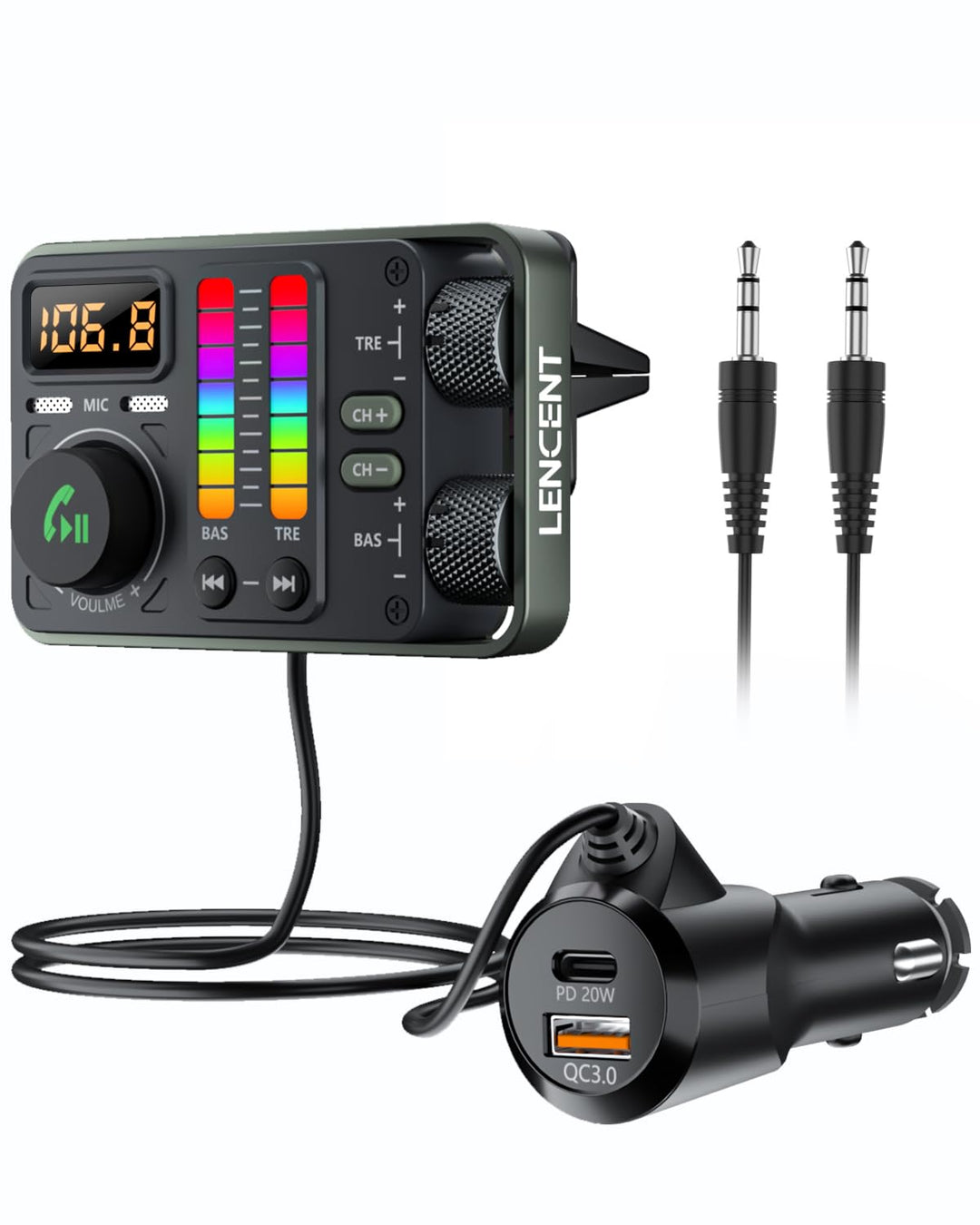 LENCENT Bluetooth 5.3 Auto FM Transmitter, PD20W QC18W Schnelles Autoladegerät, Radio Bluetooth Auto