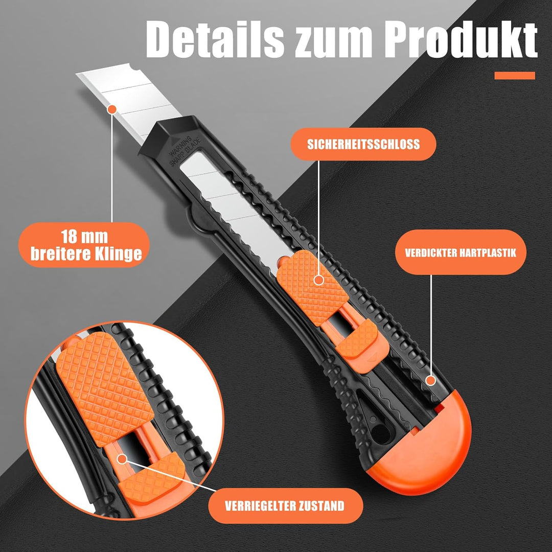 50 Stück Cuttermesser, 18mm Profi Cattermesser, Robuste Teppichmesser mit Sicherheitslock,Cutter Mes
