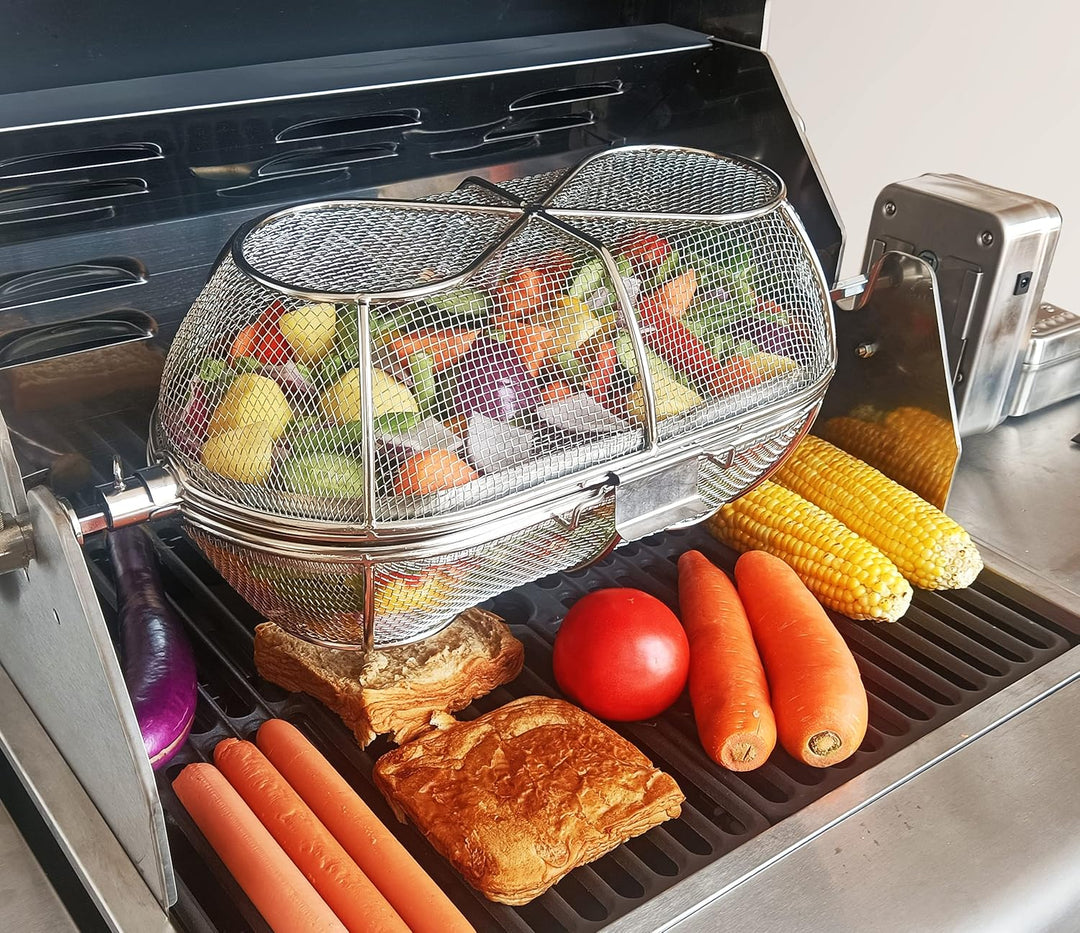 edelstahl Grillkorb - Korb für Rotisserie - Drehspiess korb - kann an jedem Spiess mit einer maximal