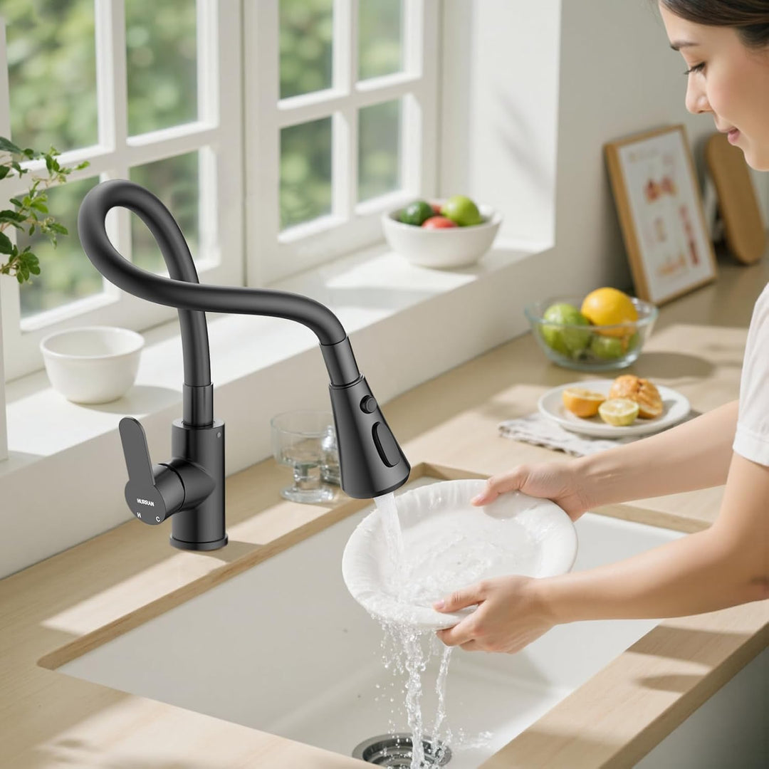 Hurran Flexibler Wasserhahn Küche mit 3 Sprühmodi, 360° Schwenkbare Küchenarmatur, Einhebelmischer a