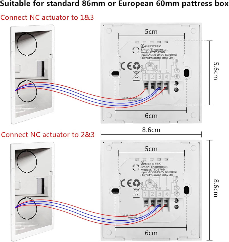 KETOTEK Smart Thermostat Für Wasser Fussbodenheizung 3A, WiFi Raumthermostat Digital LCD Programmier