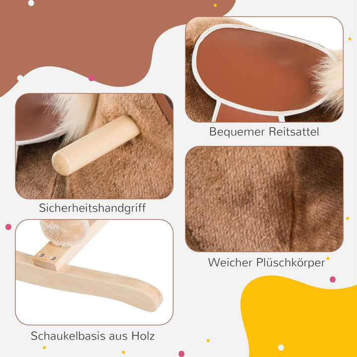 HOMCOM Schaukelpferd Schaukeltier mit Haltegriffen Plüsch Baby Schaukel Schaukelsitz für Kinder ab 3