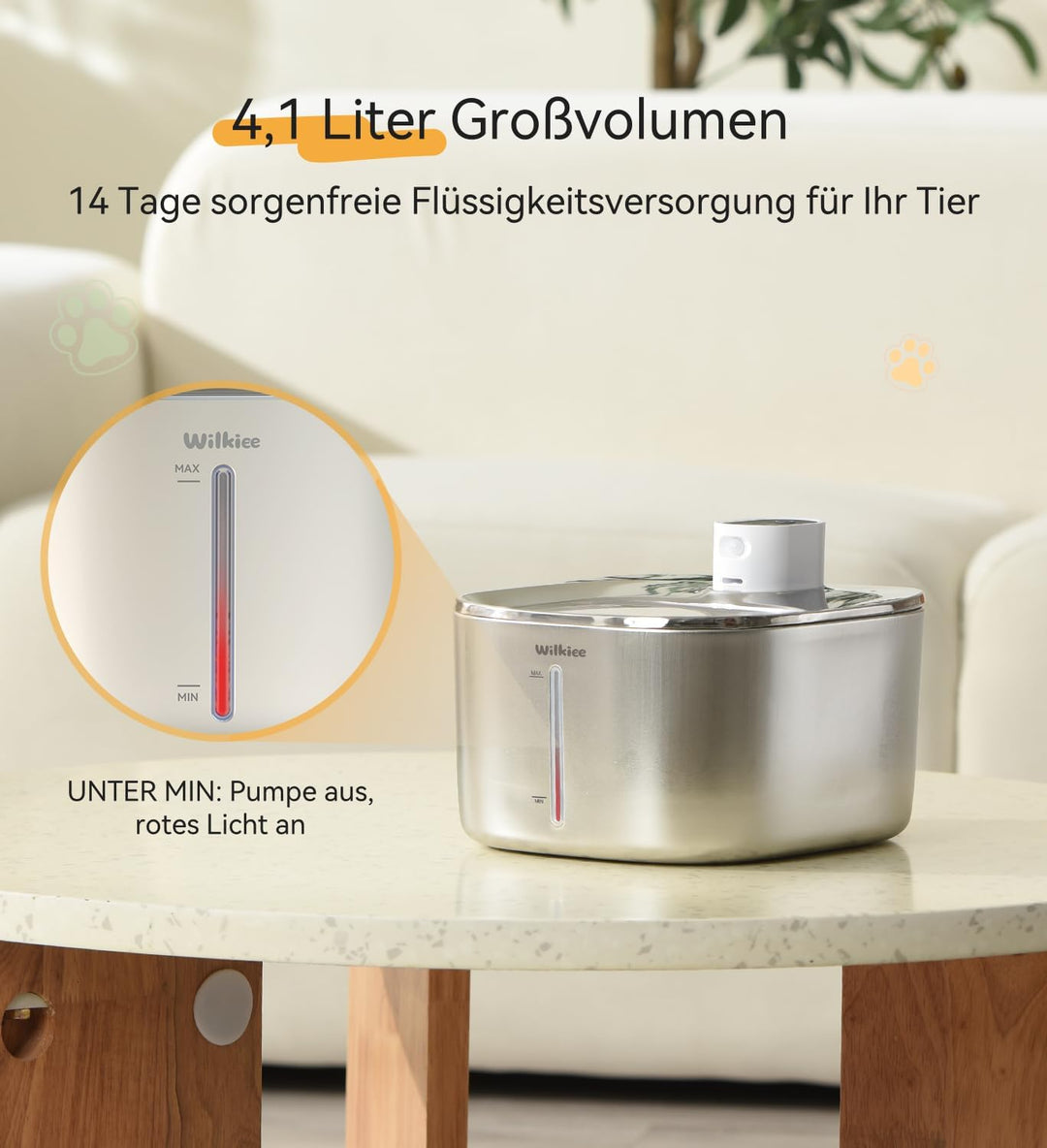 WILKIEE Katzenbrunnen Edelstahl,4,1 L Trinkbrunnen für Katze Kabellos, 4000mAh Akku katzenbrunnen mi