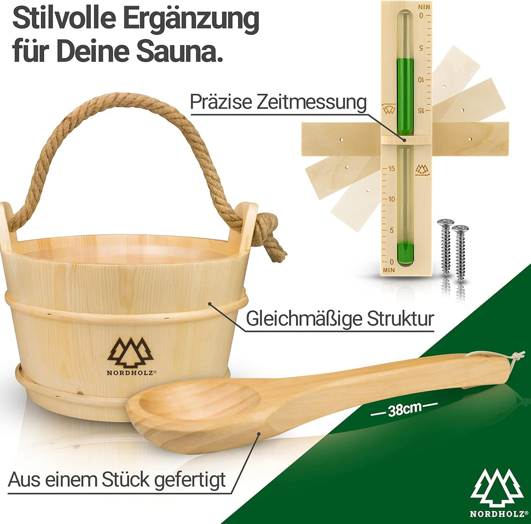 Sauna Eimer mit Kelle aus 100% nordischer Fichte - Hochwertiges Sauna Zubehör - Einsatz, Hanftragese