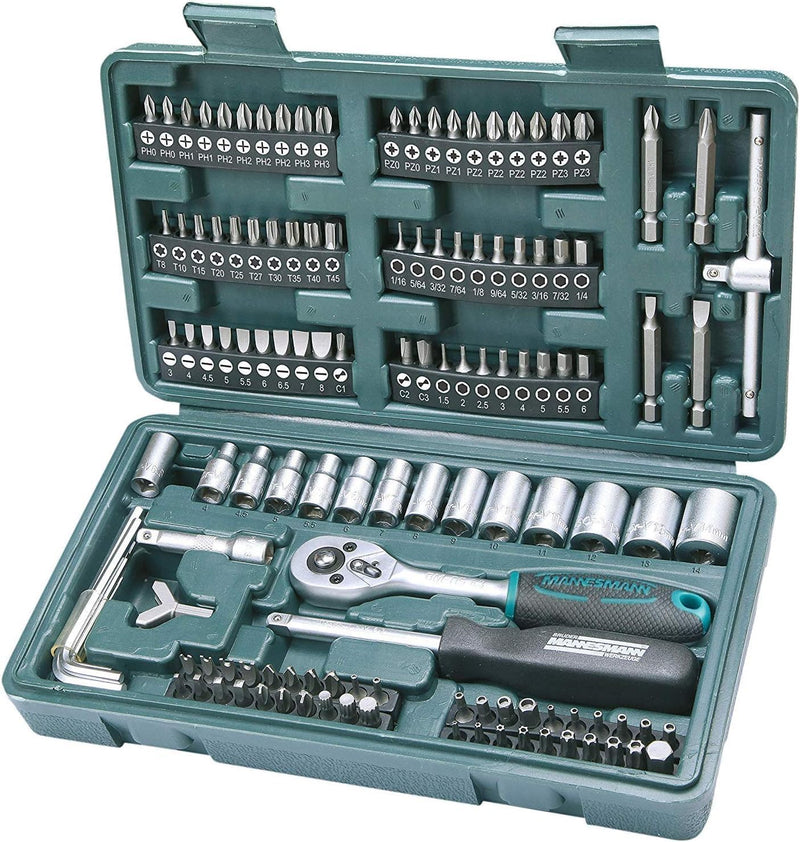 Brüder Mannesmann M29166 Steckschlüssel und Bitsatz, 130-tlg & M 110-08 Gabelschlüsselsatz, 8-tlg, 6