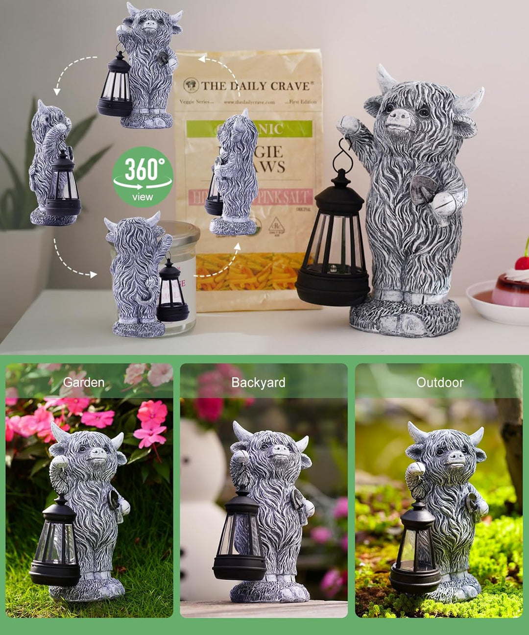 Hochlandrind Figur mit Solarlampen Gartendeko - Lustig Highland Cow Gartenfigur mit Solarlampen Scha