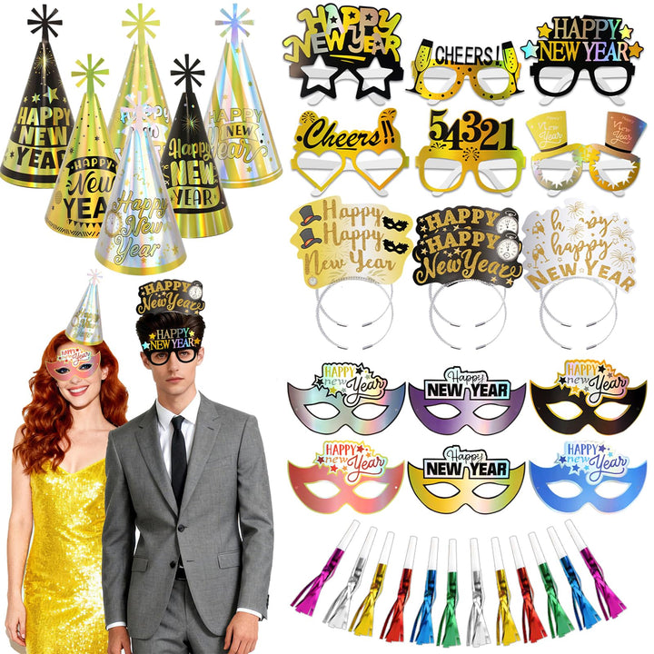 DPKOW Silvester Deko, Silvester Partyhüte Haarreif Partybrille Set Schwarz Gold Silber Farbe, Schwar