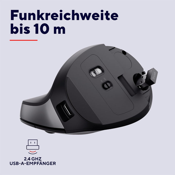 Trust Yuno Wiederaufladbare Vertikale Maus, Kabellose Ergonomische Maus 2.4GHz, Vorbeugung Gegen Mau